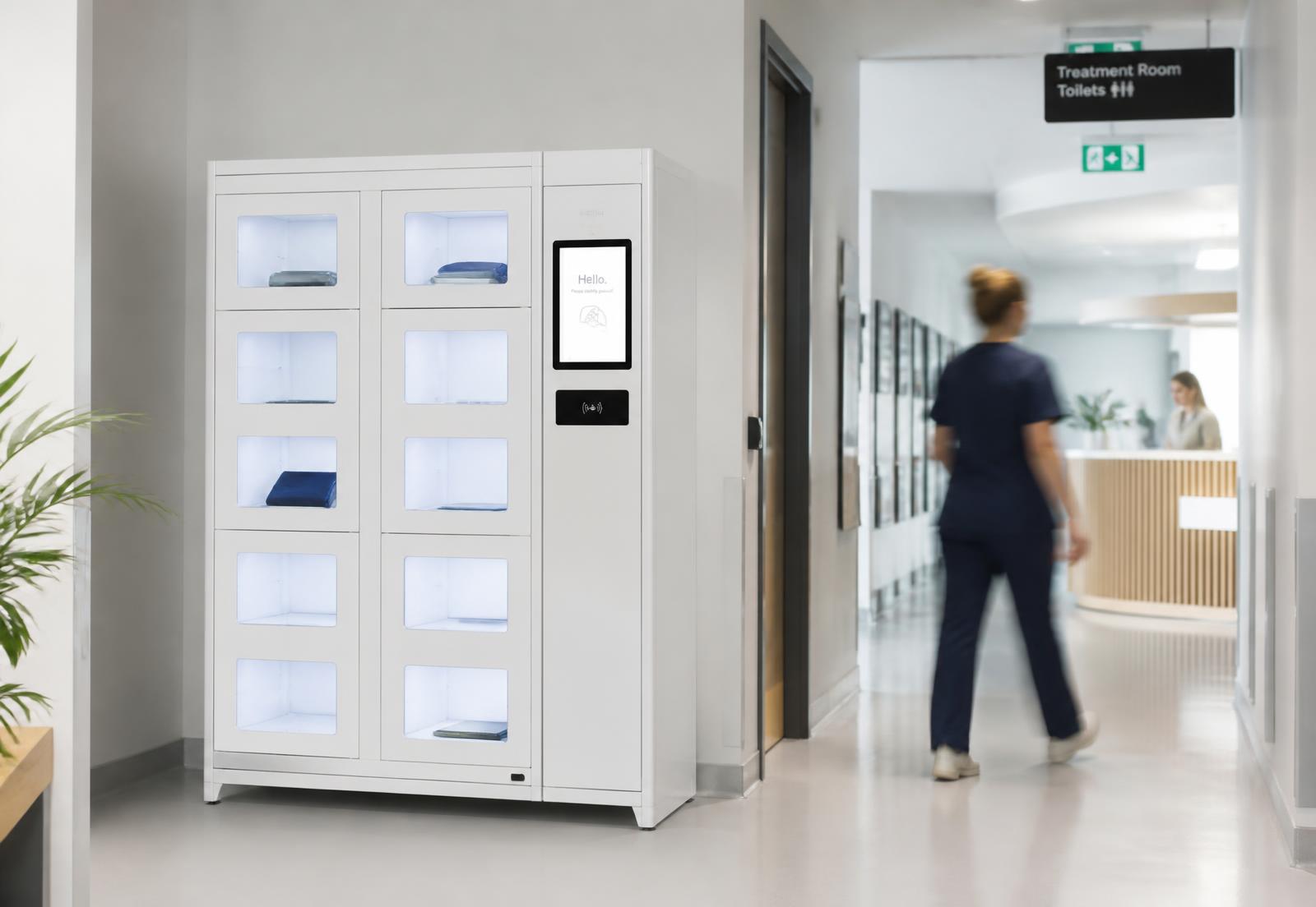 The box, holding configured spare devices, installed in a clinic corridor